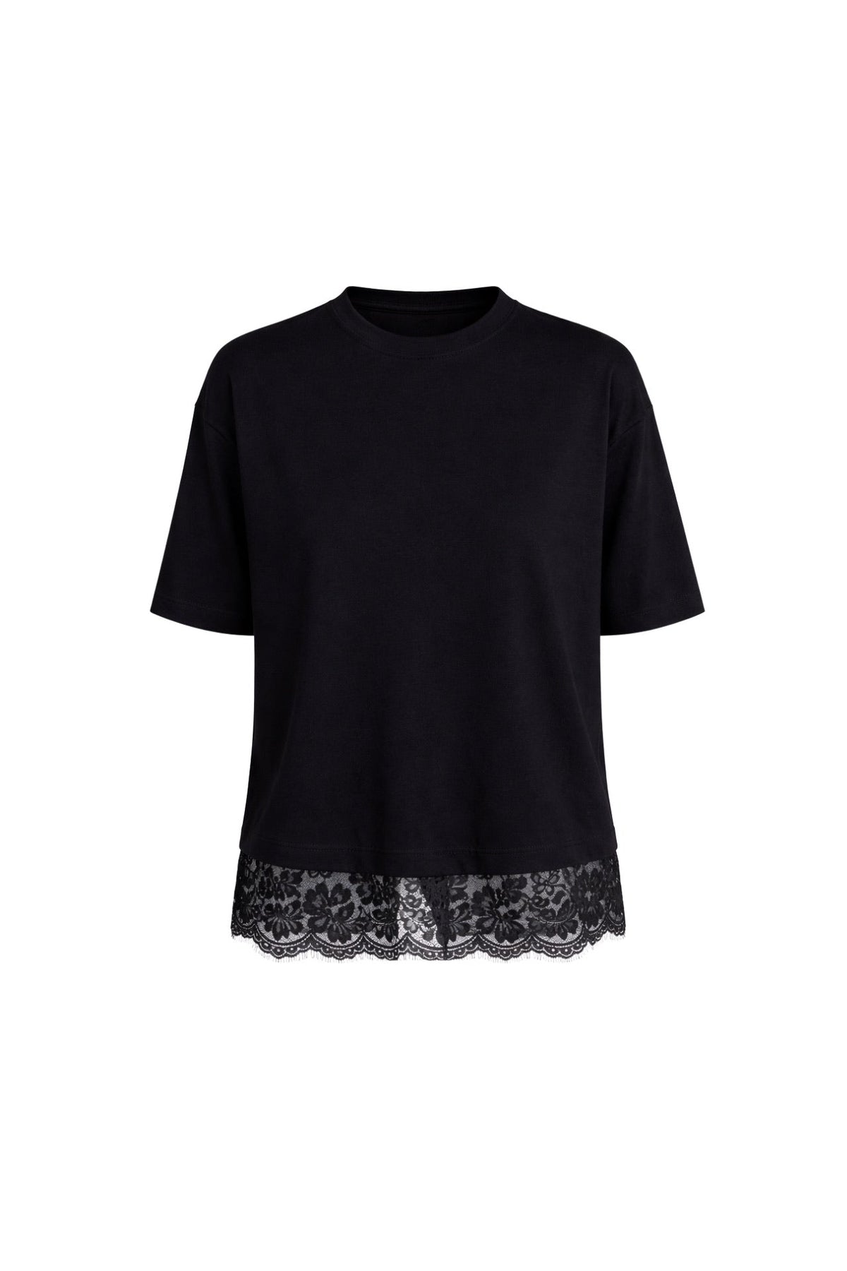 Dantel Detay Bisiklet Yaka Siyah Bluz