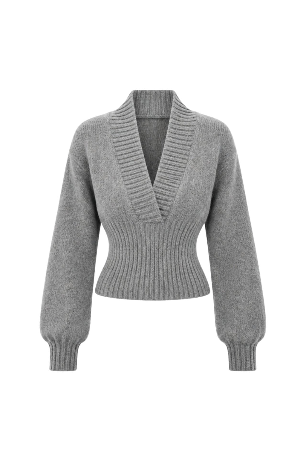 V Yaka Bel Oturtmalı Gri Triko Kazak