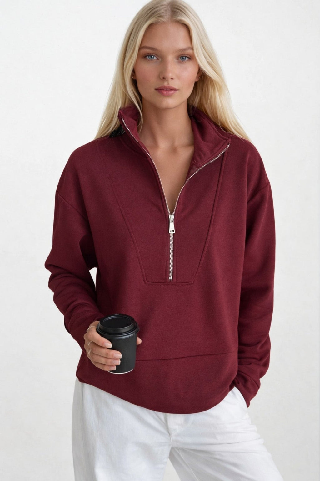 Fermuar ve Dikiş Detaylı Bordo Sweatshirt