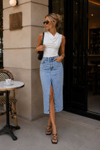 Yırtmaç Detay Denim Midi Açık Mavi Etek