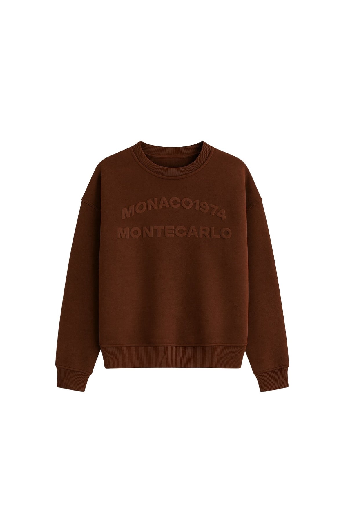 Bisiklet Yaka Kabartma Baskılı Kahverengi Sweatshirt