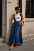 Dikiş Detay Koyu Mavi Maxi Denim Etek