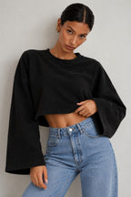 Geniş Kol Bisiklet Yaka Siyah Basic Sweatshirt