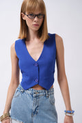 Düğmeli Saks Crop Yelek