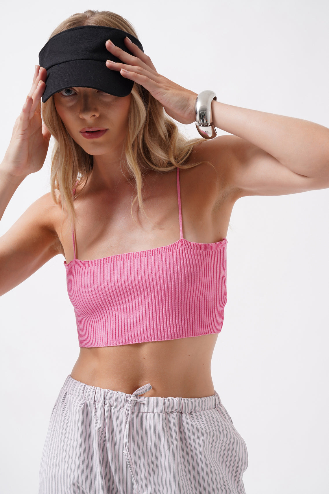 İnce Askılı Pembe Crop Top