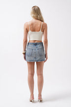 V Yaka Ekru Crop Bluz