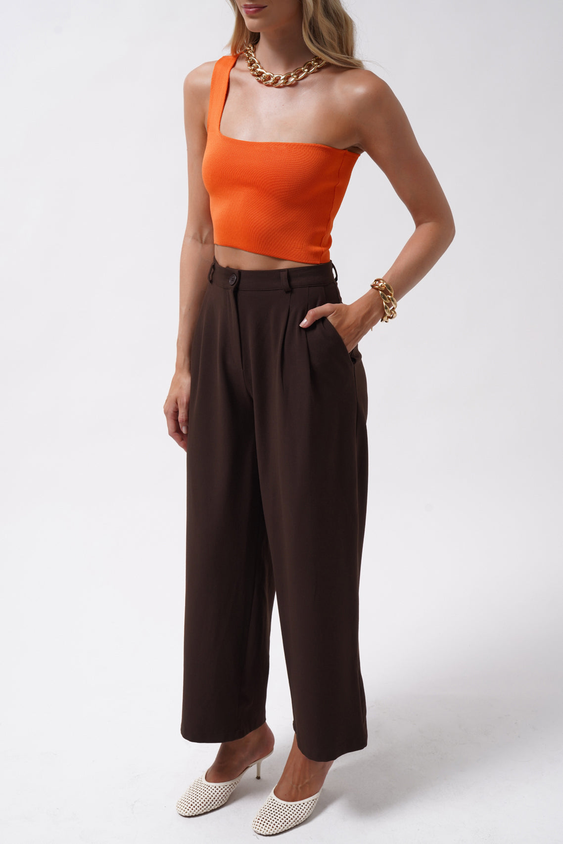 Tek Omuz Crop Turuncu Bluz