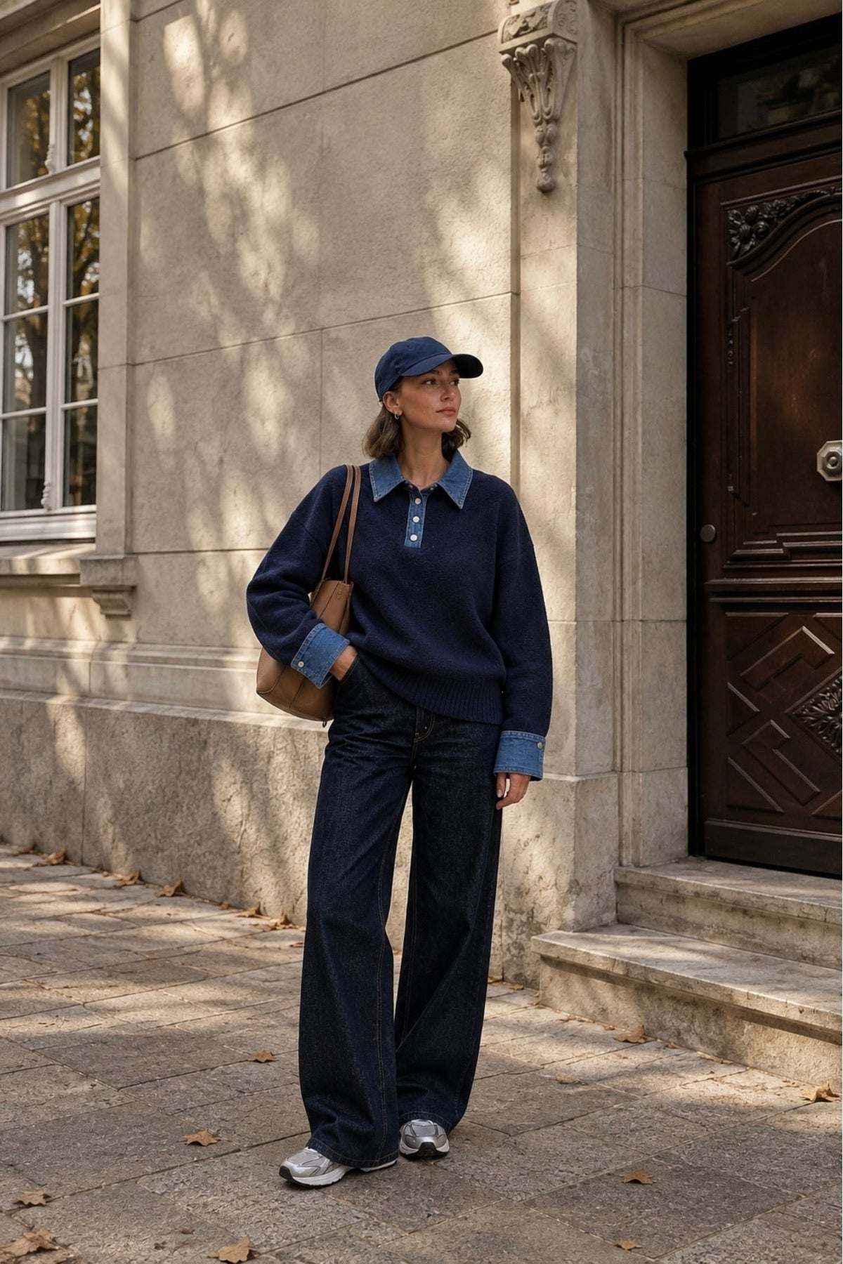 Denim Yaka Düğme Detay Polo Yaka Lacivert Triko Kazak