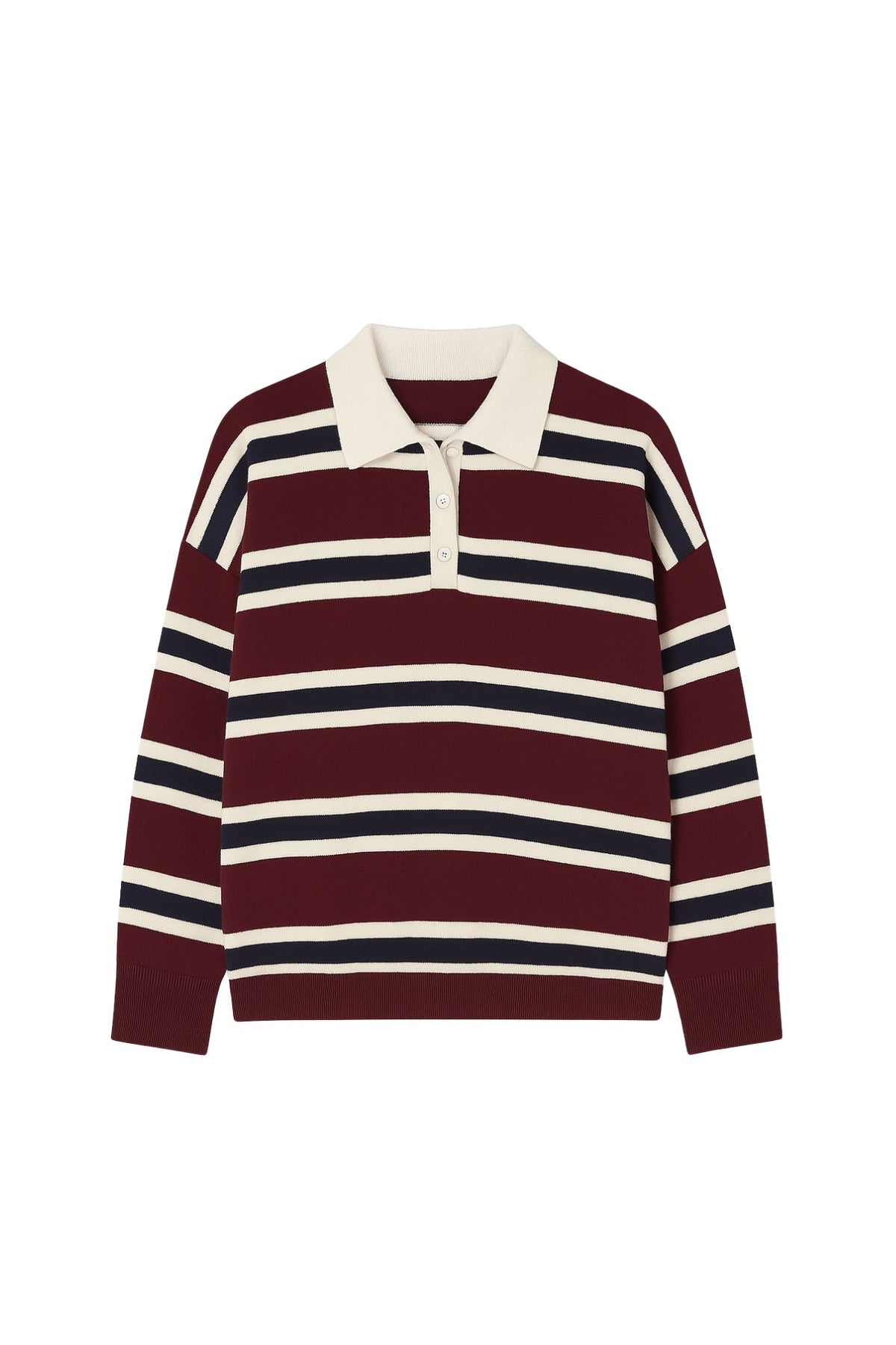 Çizgili Düğmeli Polo Yaka Bordo Triko Bluz