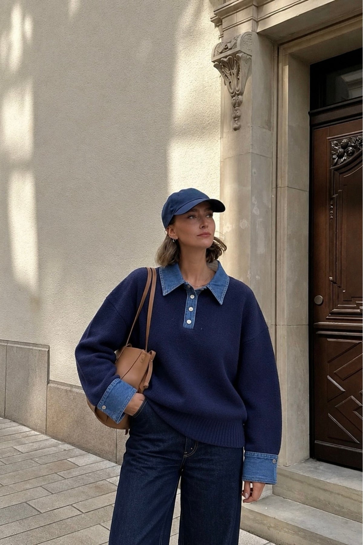 Denim Yaka Düğme Detay Polo Yaka Lacivert Triko Kazak