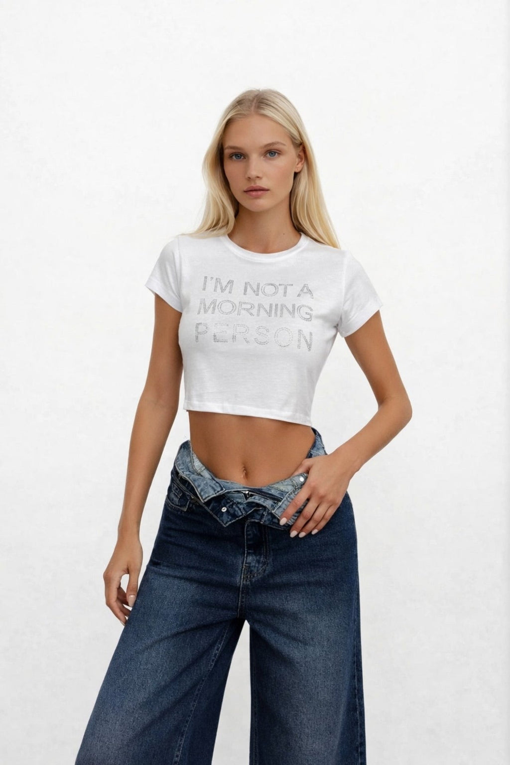 Taş Detay Beyaz Crop T-Shirt