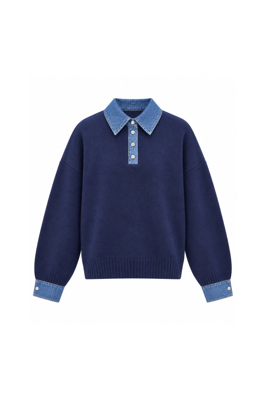 Denim Yaka Düğme Detay Polo Yaka Lacivert Triko Kazak