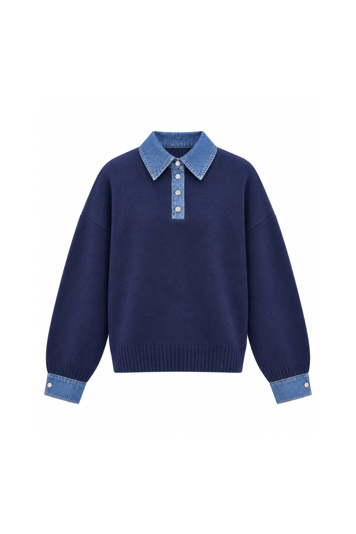 Denim Yaka Düğme Detay Polo Yaka Lacivert Triko Kazak
