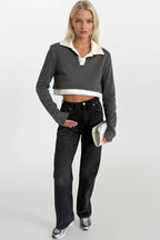 Polo Yaka Garnili Crop Gri Sweatshirt