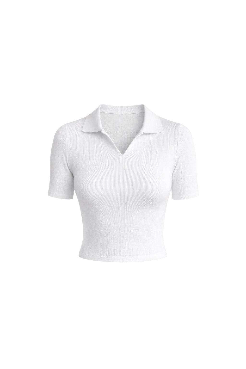 Polo Yaka Beyaz Triko Crop Bluz