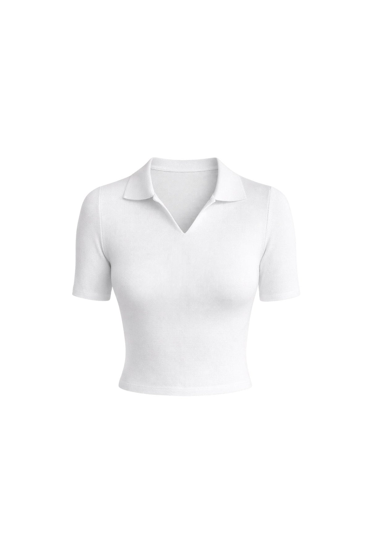 Polo Yaka Beyaz Triko Crop Bluz