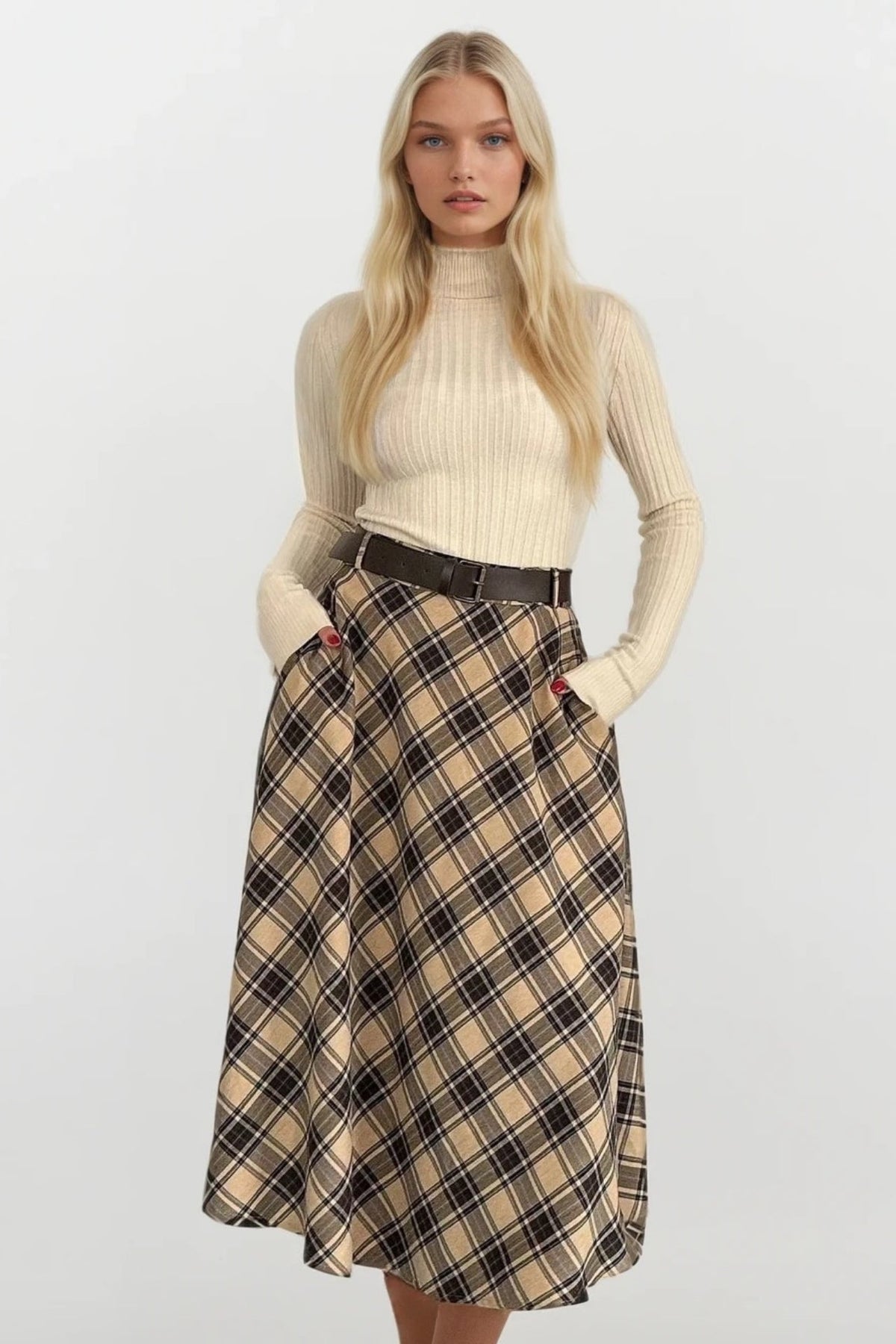 Kemerli Maxi Boy Bej Ekose Etek
