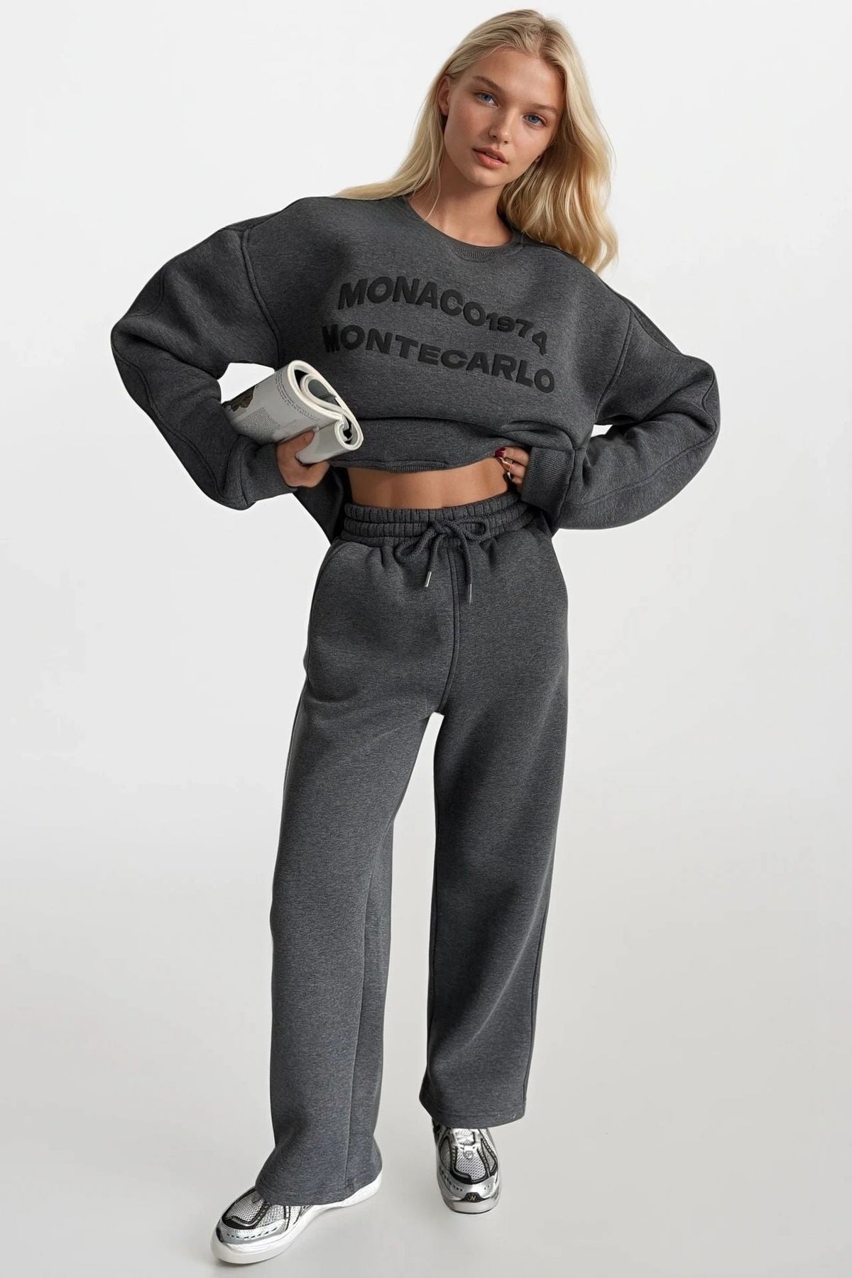 Bisiklet Yaka Kabartma Baskılı Antrasit Sweatshirt