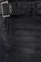 Kemer Detay Denim Mini Siyah Etek