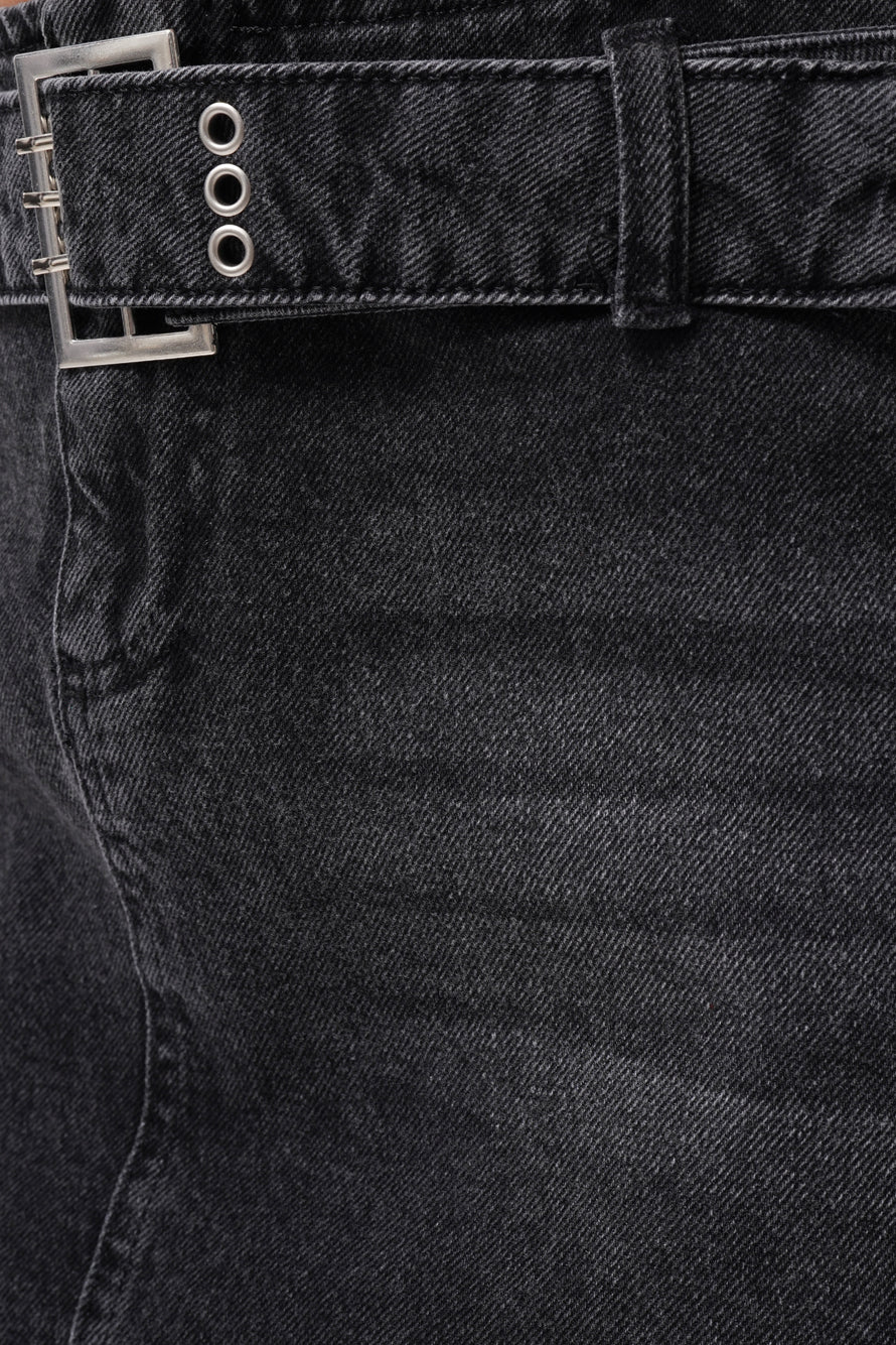 Kemer Detay Denim Mini Siyah Etek