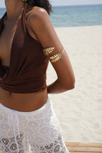 Degaje Yaka Crop Kahverengi Bluz