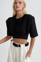 Bel Oturtmalı Crop Siyah T-Shirt