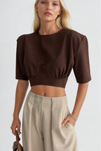 Bel Oturtmalı Crop Kahverengi T-Shirt
