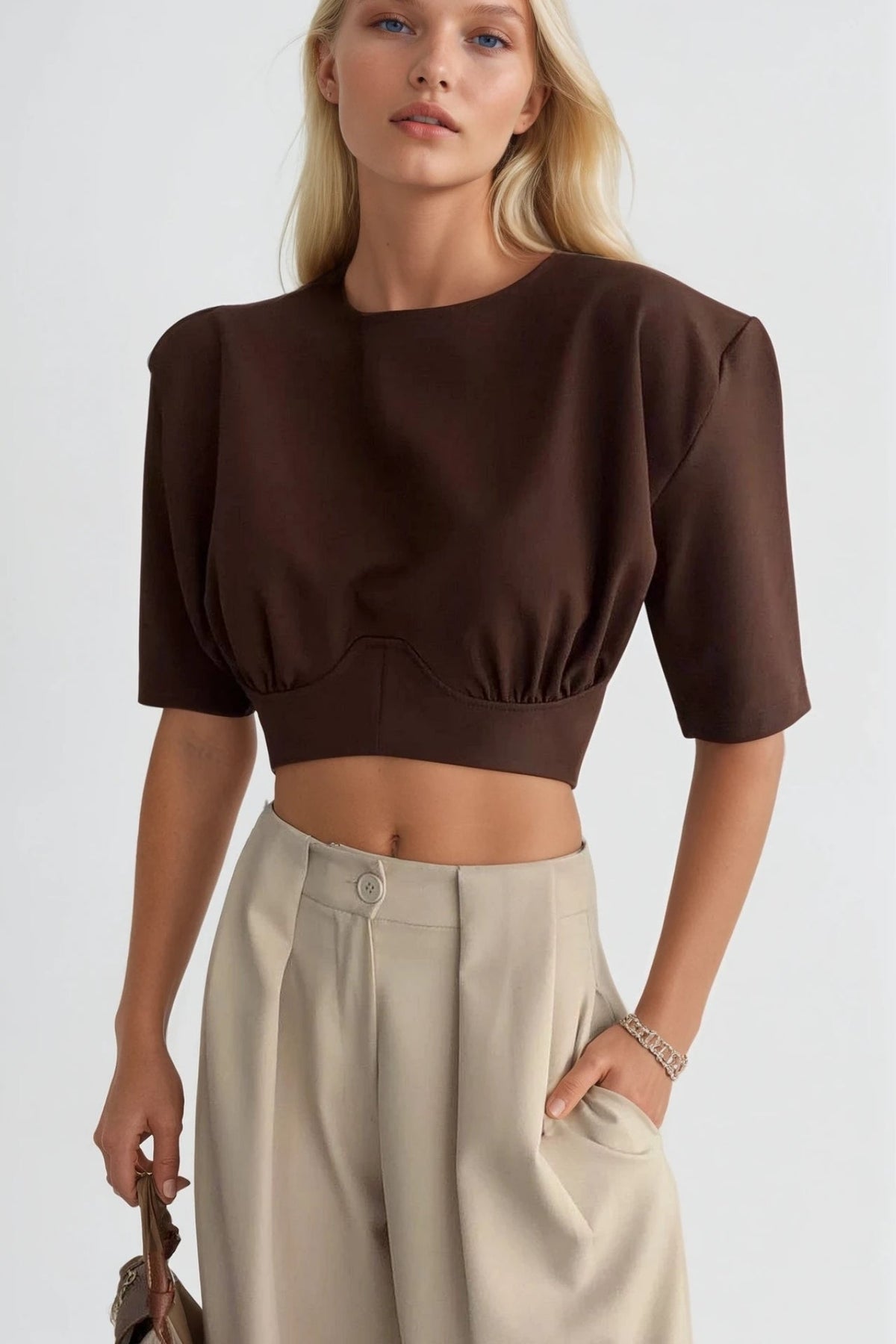 Bel Oturtmalı Crop Kahverengi T-Shirt