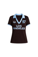 Polo Yaka Çift Renk Baskılı Kahverengi Crop T-Shirt
