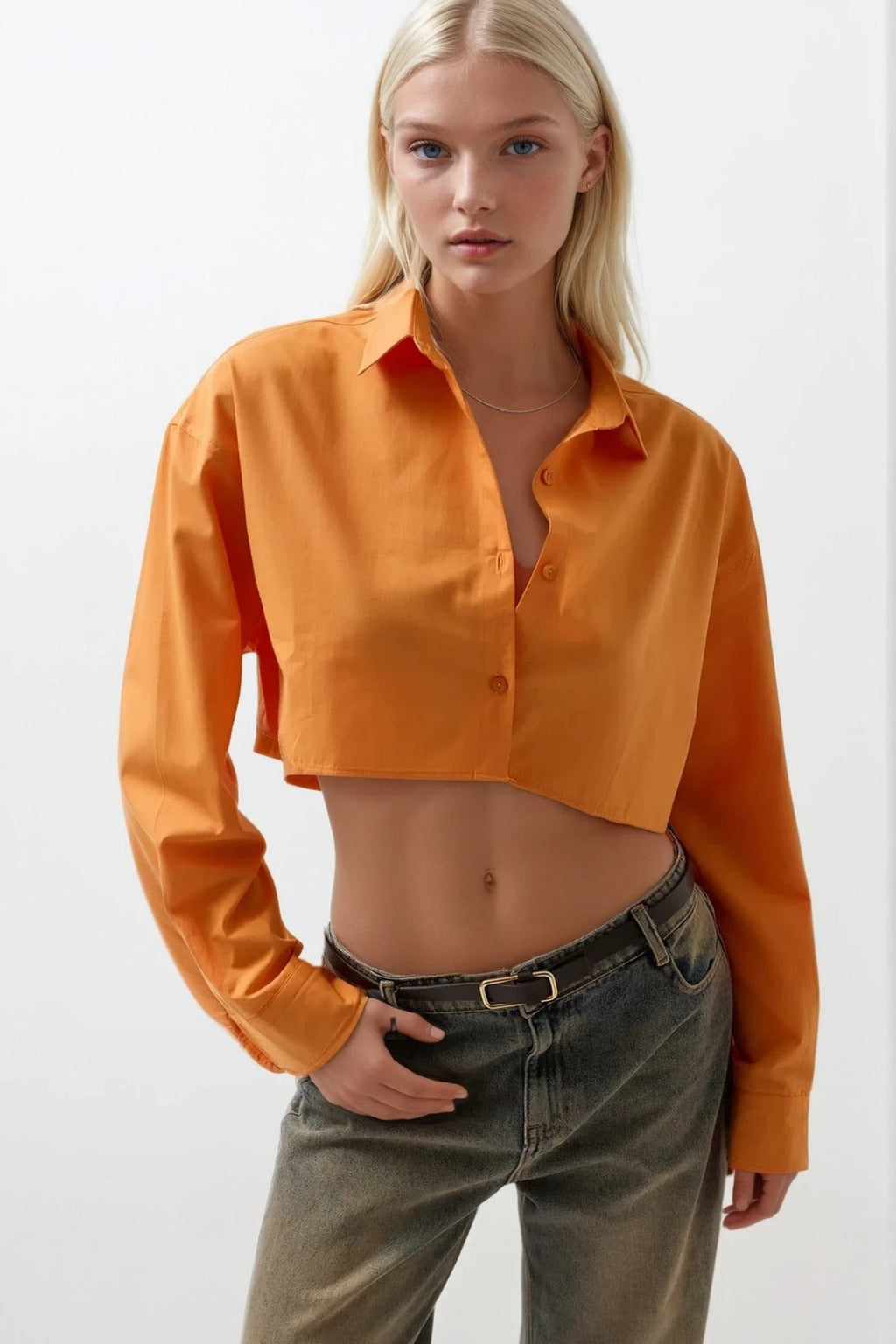 Crop Turuncu Oversize Gömlek