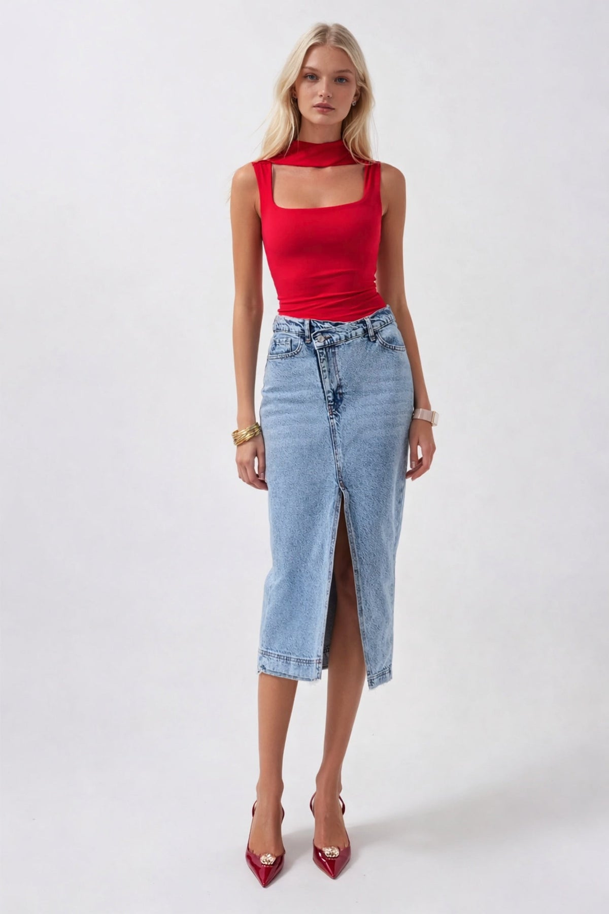 Yırtmaç Detay Denim Midi Açık Mavi Etek