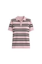Çizgili Polo Yaka Pembe Triko Bluz