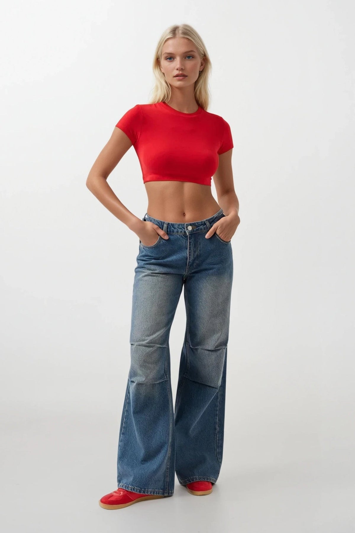 Likralı Basic Crop Kırmızı T-Shirt