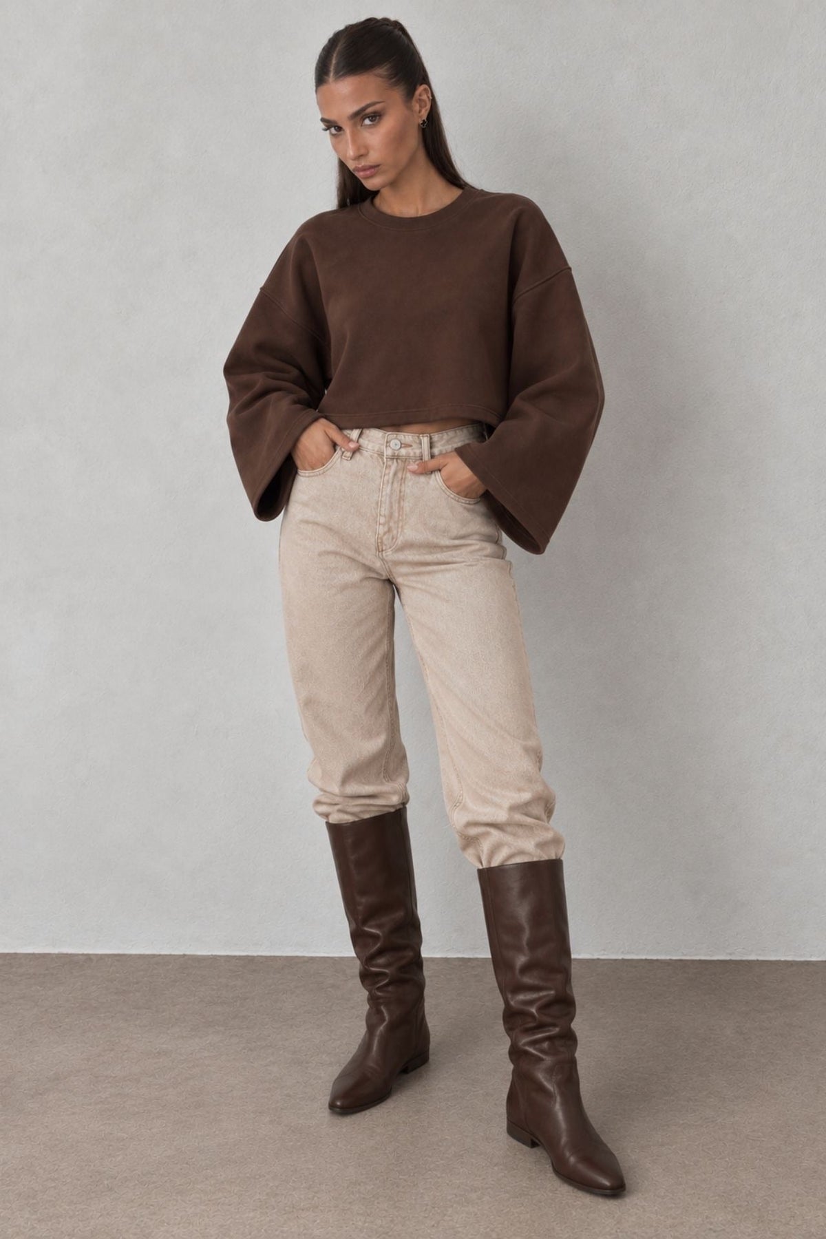 Geniş Kol Bisiklet Yaka Kahverengi Basic Sweatshirt