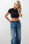 Likralı Basic Crop Siyah T-Shirt