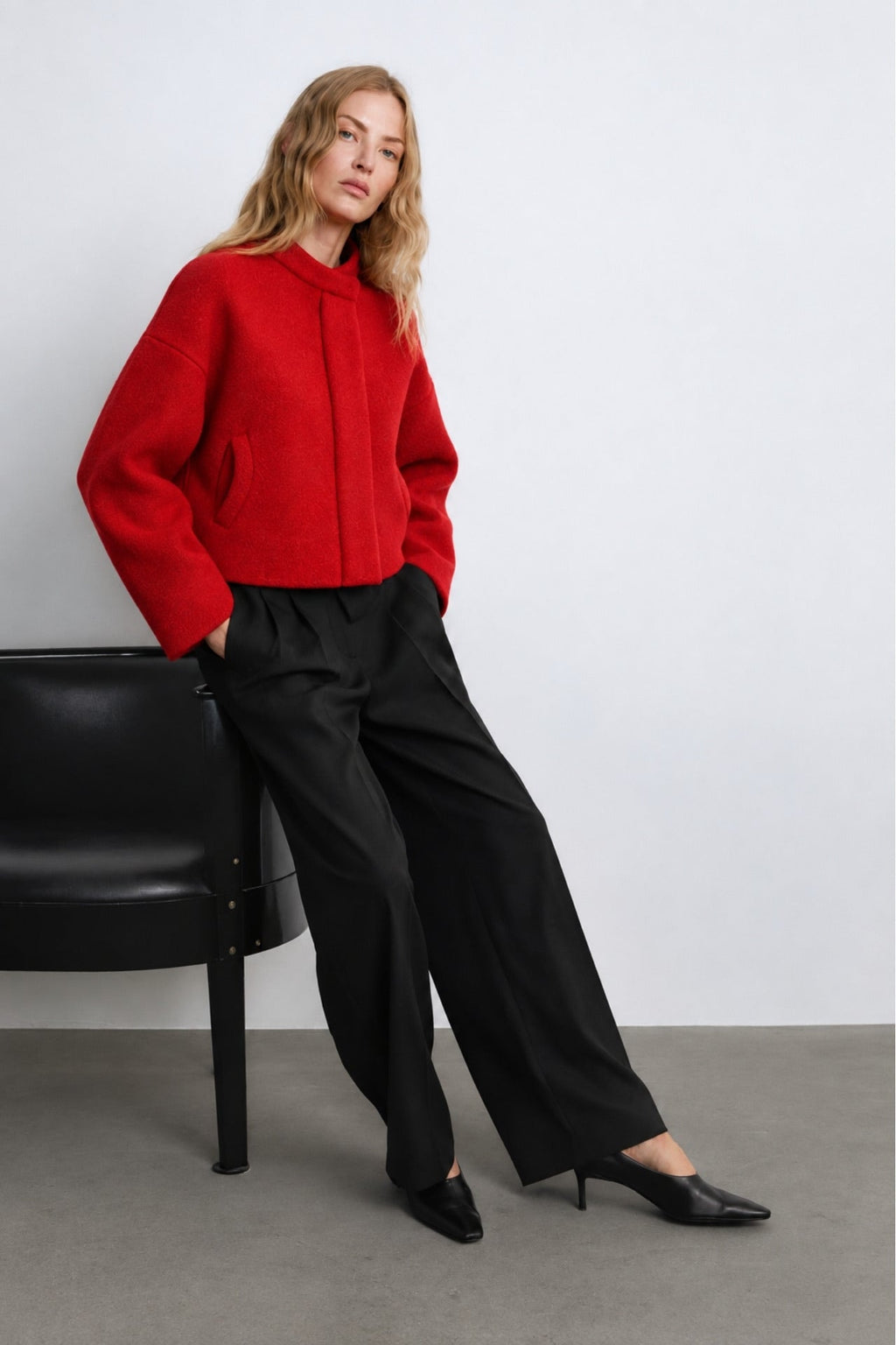 Kruvaze Çıtçıt Detay Kırmızı Yün Ceket