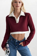 Polo Yaka Garnili Crop Bordo Sweatshirt