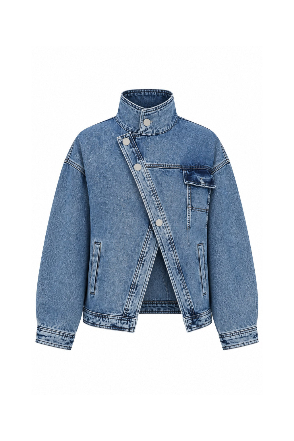 Dik Yaka Asimetrik Düğme Detay Mavi Denim Ceket
