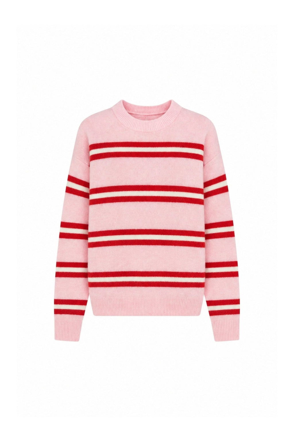 Çizgili Bisiklet Yaka Oversize Pembe Triko Kazak