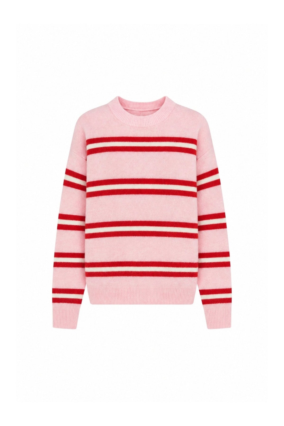 Çizgili Bisiklet Yaka Oversize Pembe Triko Kazak