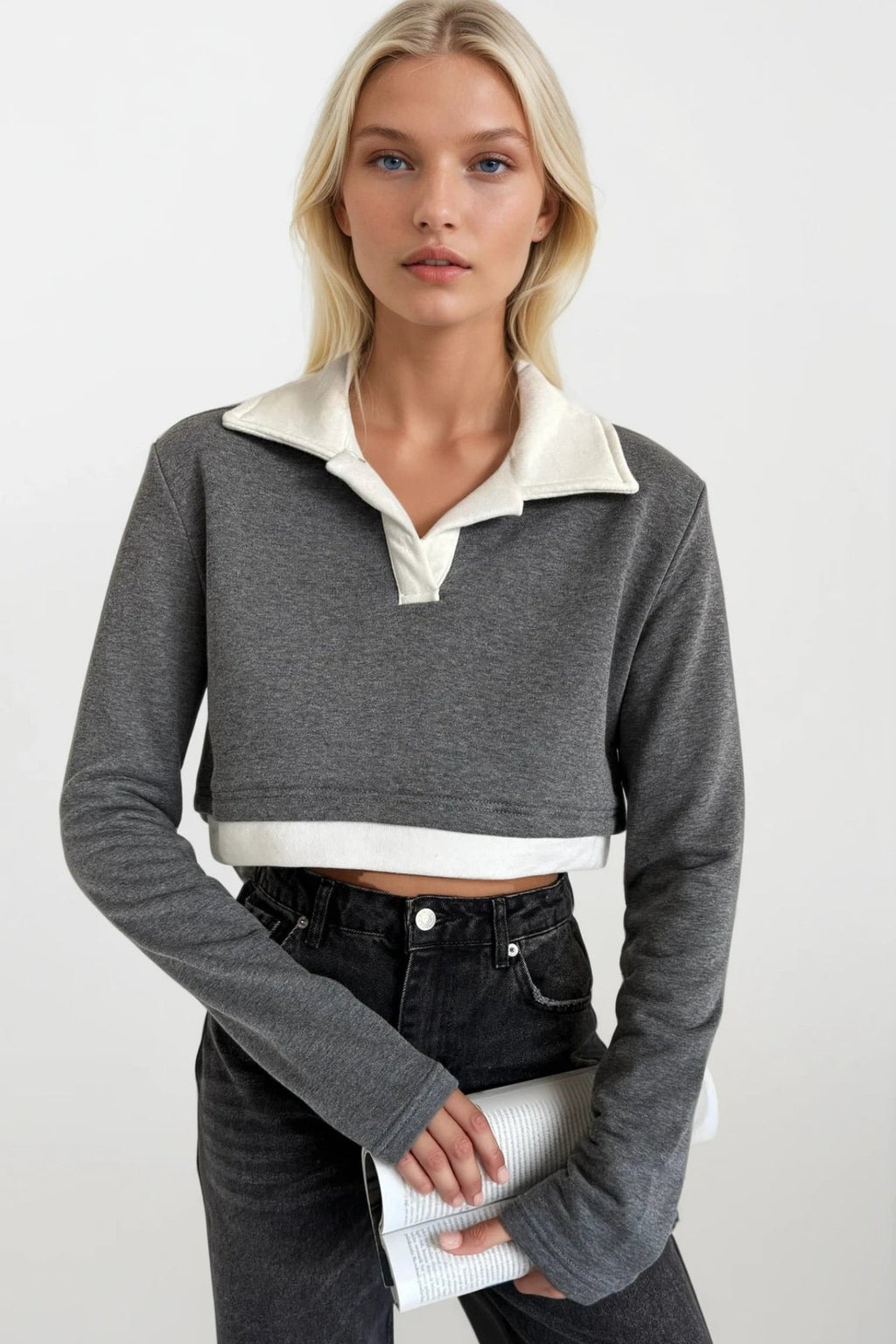 Polo Yaka Garnili Crop Gri Sweatshirt