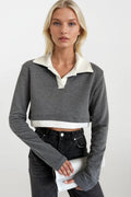 Polo Yaka Garnili Crop Gri Sweatshirt