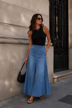 Dikiş Detay Mavi Maxi Denim Etek