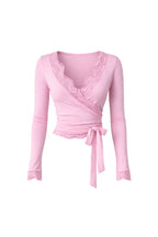 Kruvaze Bağlamalı Dantelli Pembe Bluz
