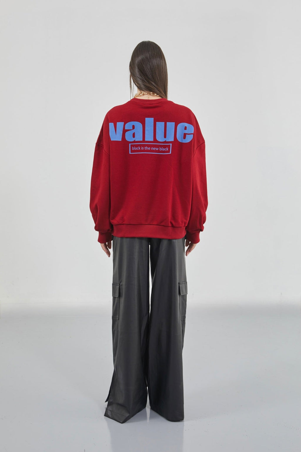 Baskılı Sıfır Yaka Oversize Bordo Sweatshirt