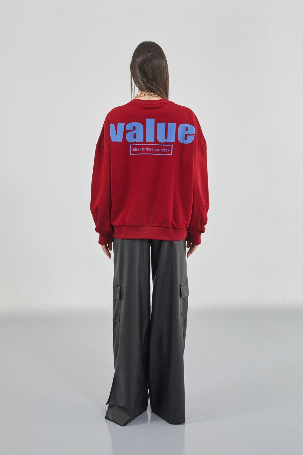 Baskılı Sıfır Yaka Oversize Bordo Sweatshirt