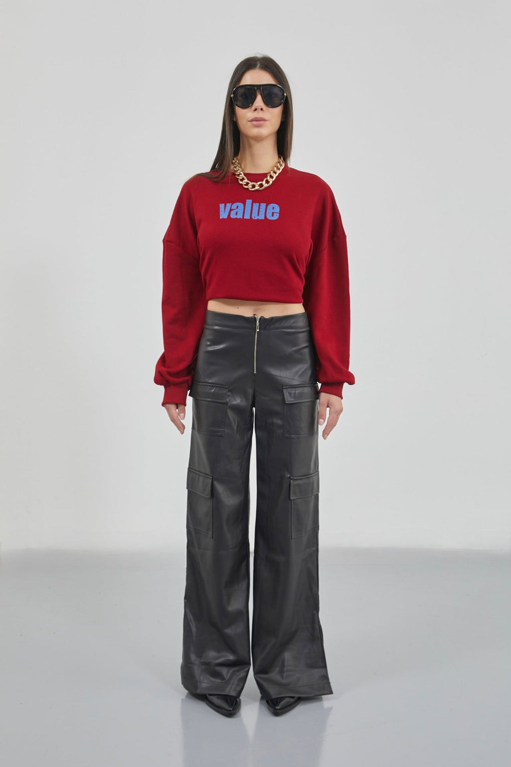 Baskılı Sıfır Yaka Oversize Bordo Sweatshirt