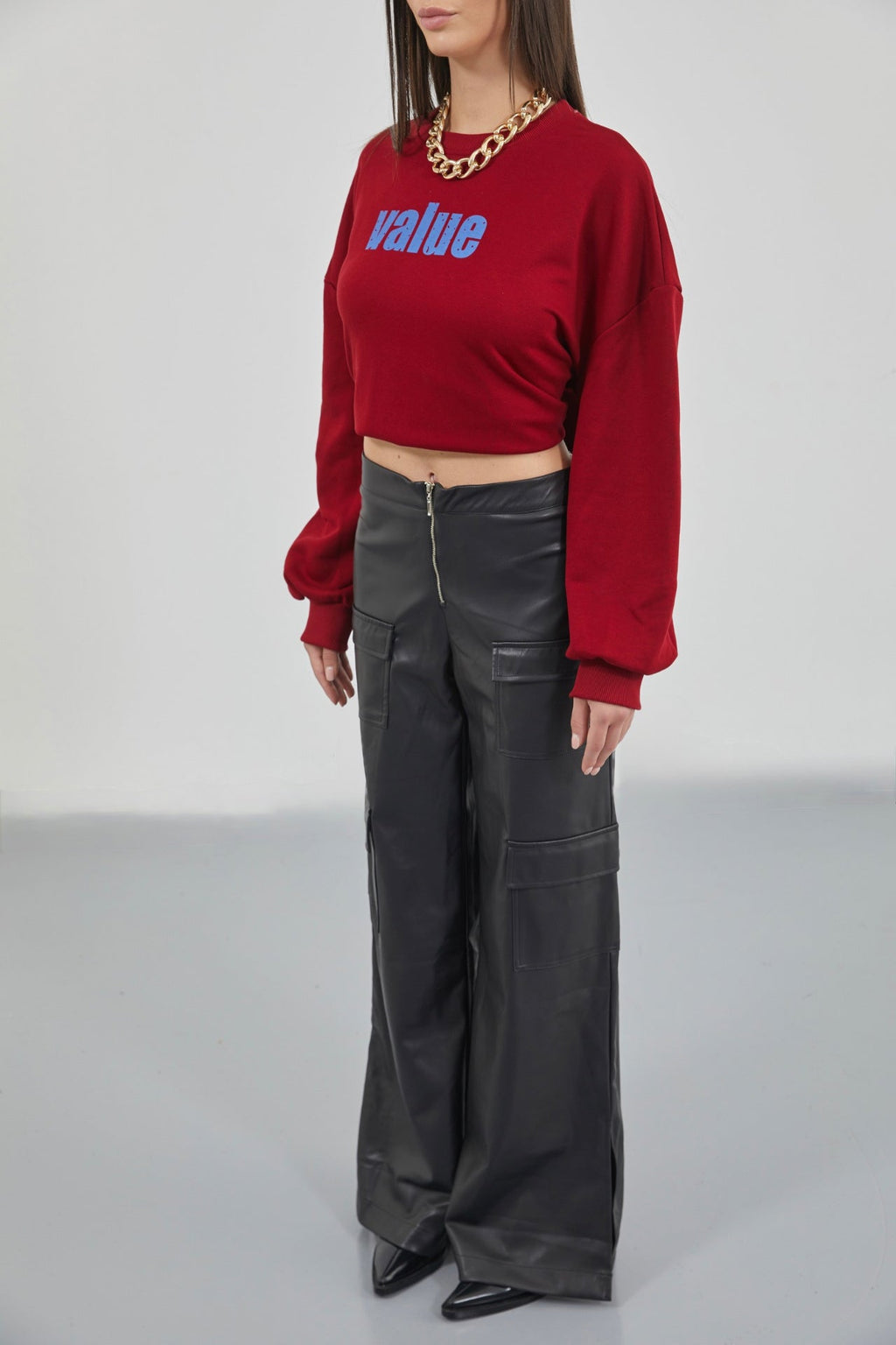Baskılı Sıfır Yaka Oversize Bordo Sweatshirt
