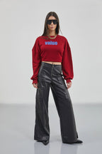Baskılı Sıfır Yaka Oversize Bordo Sweatshirt