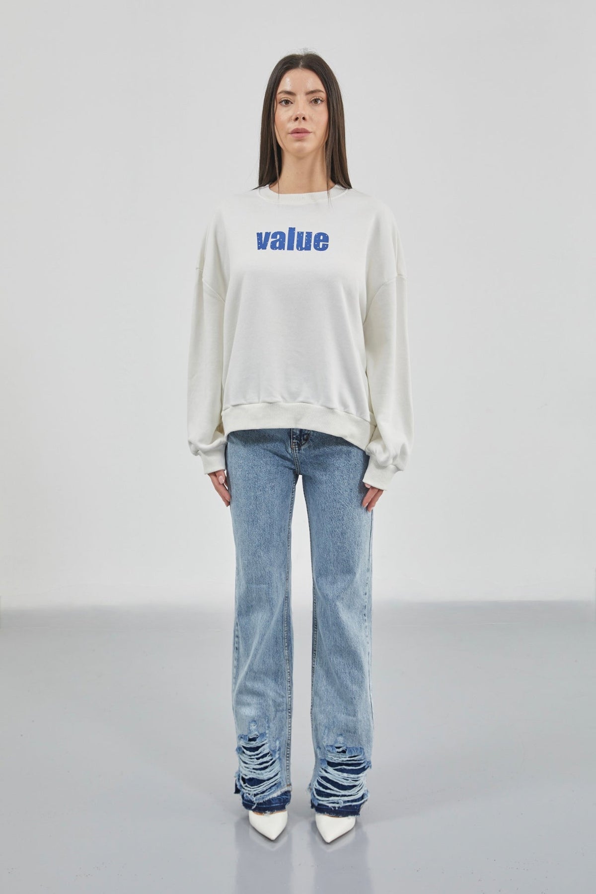 Baskılı Sıfır Yaka Oversize Ekru Sweatshirt